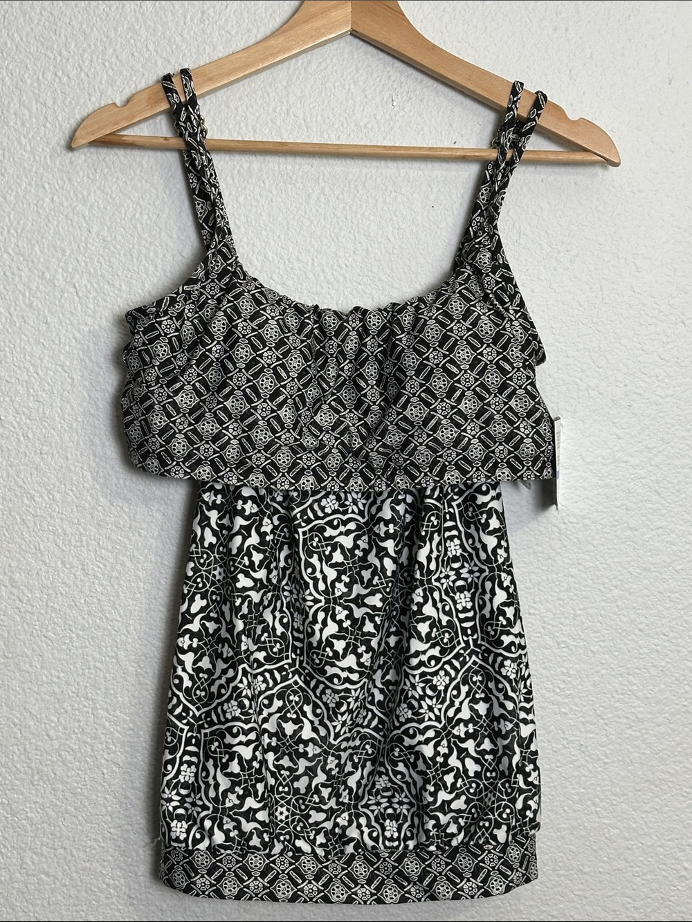 NEW 24th and Ocean Black White Blouson Swim Top Mosaic Tile Womens XL